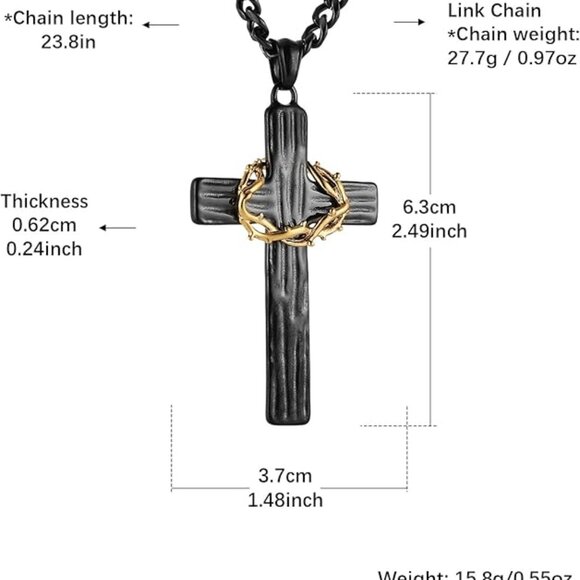 Men's Black Stainless Steel Cross Necklace with Crown of Thorns - Picture 4 of 5